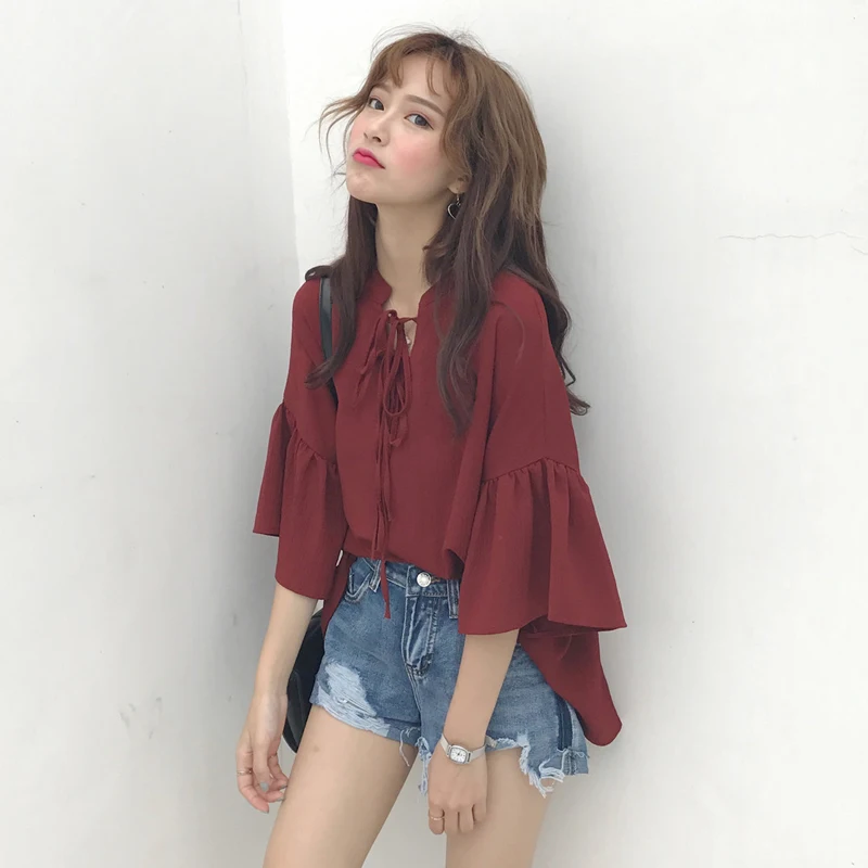 

2 Colors Mihoshop Ulzzang Korean Korea Women Fashion Clothing Casual Preppy Bandage Cute Sweet Bow Red Shirt