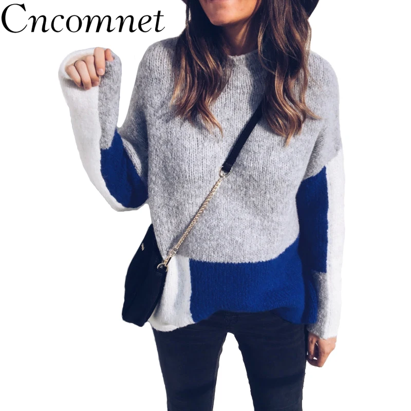 Women Knitted Sweater Sexy Round Neck Long Sleeve Featuring Color Matching Comfort Tops 2018 New Fashion Women Knitted Tops