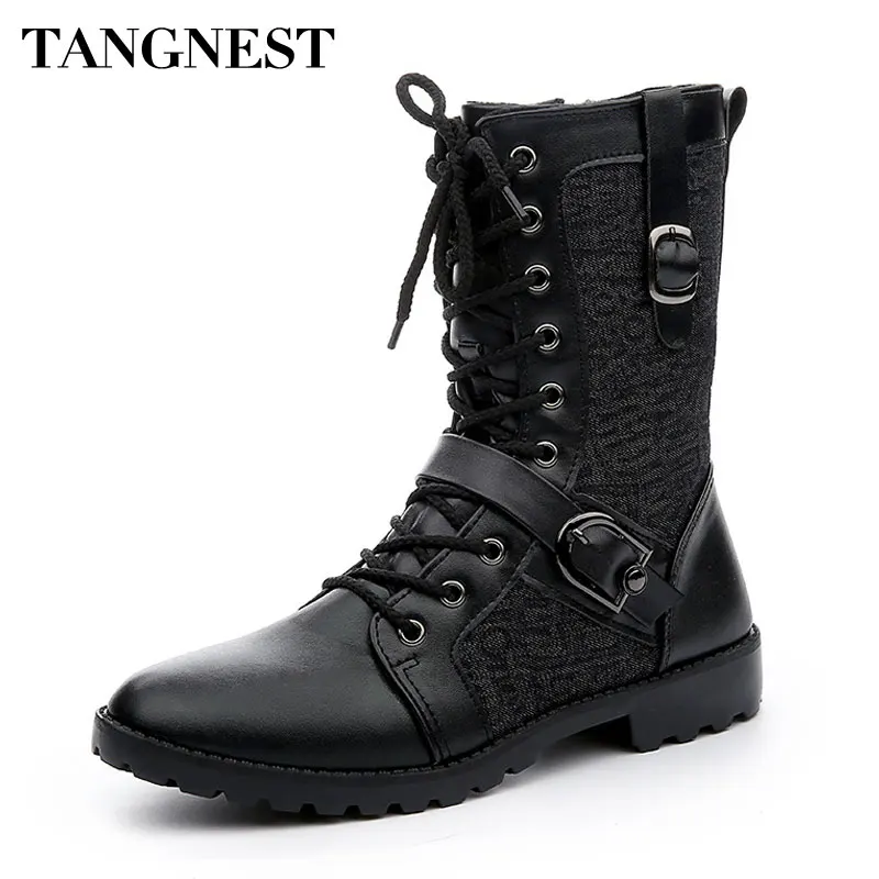 Tangnest Autumn Punk Martin Boots Men Fashion PU Leather Lace-up Motorcycle Boots Black Vintage High Top Buckle Shoes Man XMX516 black lace up pu obi belt