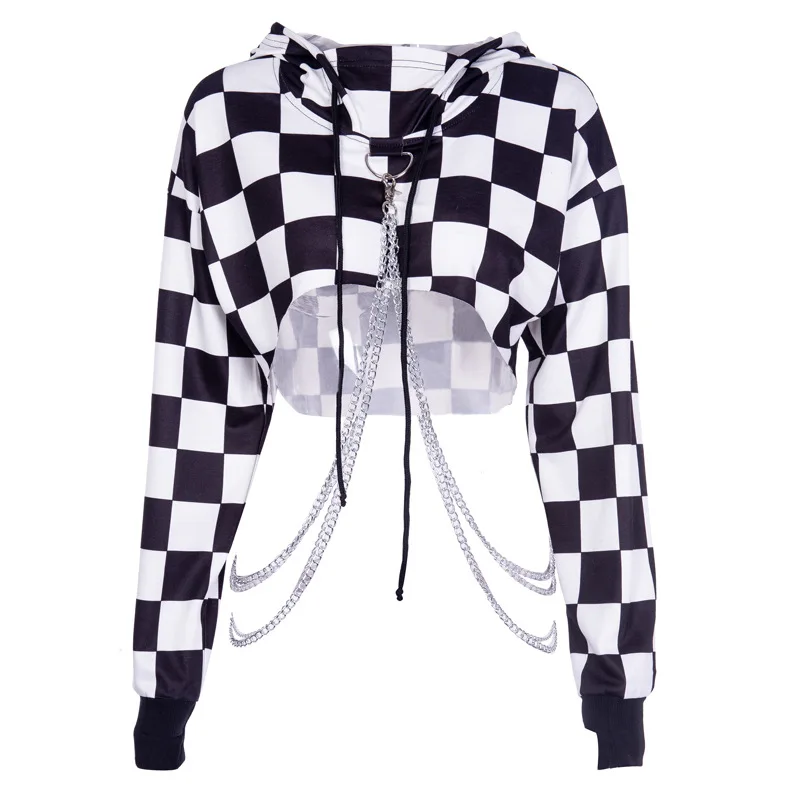 

Autumn Harajuku Sweatshirt Checkerboard Pattern Ring Chain Decorative Short Hoodies Women Loose Outerwear Pullovers