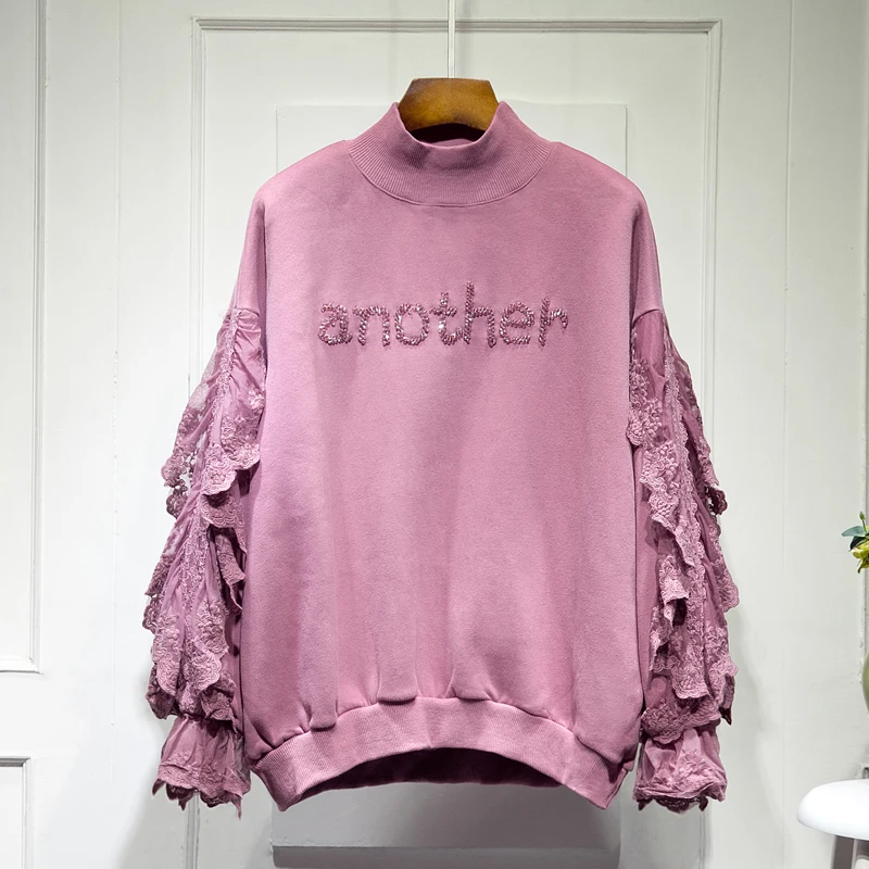 

New Arrival Lace Splice Women's Spring 2019 Plus Velvet Big Size Loose Sweatshirts Letter Beading Long Sleeve Tops Shirts