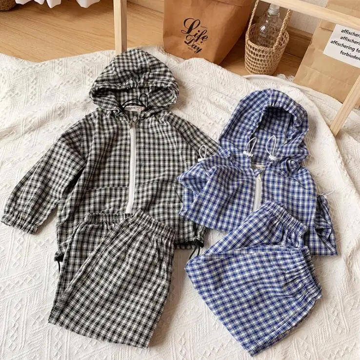 

2019 New Girls Boys 2 Pcs Plaid Set Hooded Coat+Long Pants Autumn Spring Cotton Linen Kids Suits 1-7t PV585