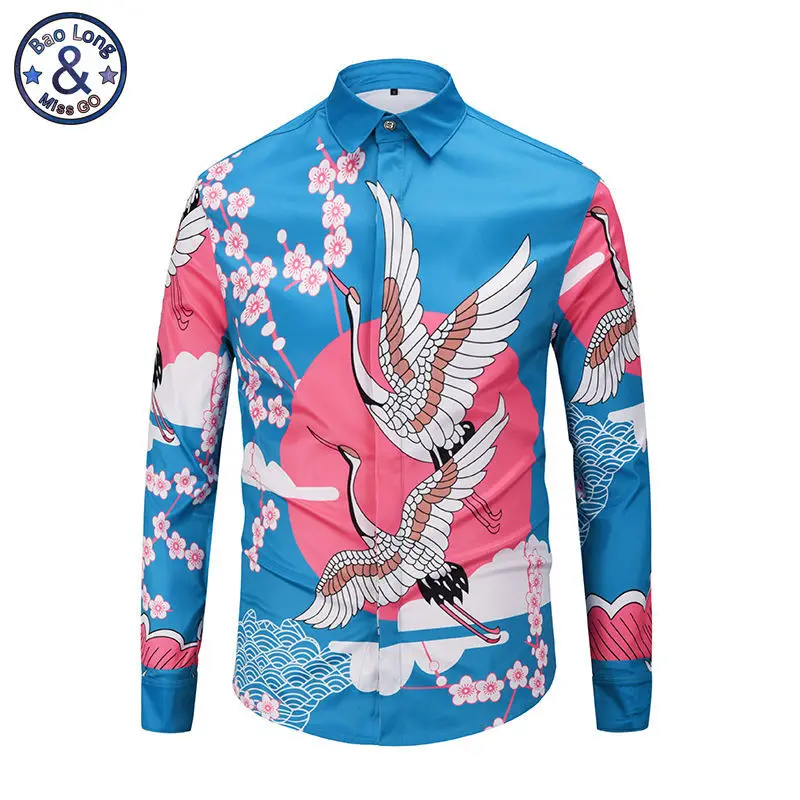 Goedkoop Mannen Lente Bloemen Crane Mannelijke Casual Shirt Lange Mouw Slim Fit Shirt Fashion Top Tees Camisas Para Hombre Chemise Homme