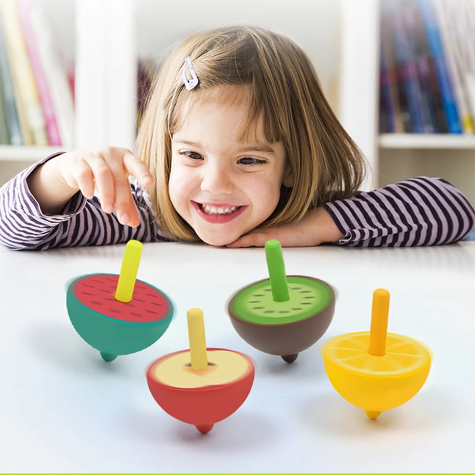 1pc Cartoon Fruits Rotating Wooden Spinning Top Traditional Wooden Kids Baby Gift Food Grade