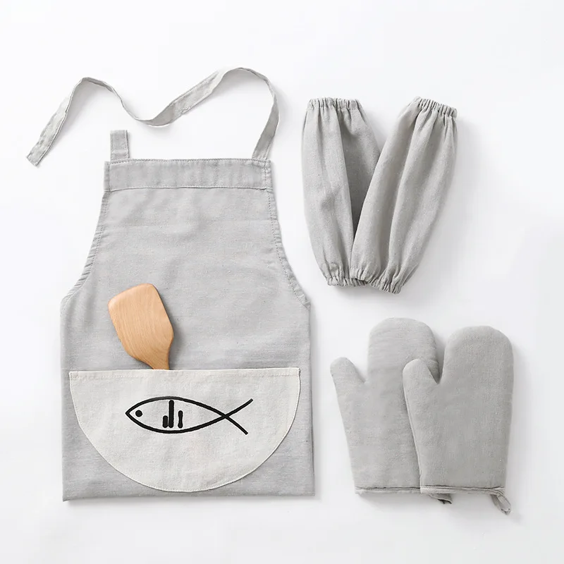 

Original Cotton and Linen Plain Apron Set Insulated Gloves Home Kitchen Cooking Waterproof and Anti-fouling Set Cooking Apron