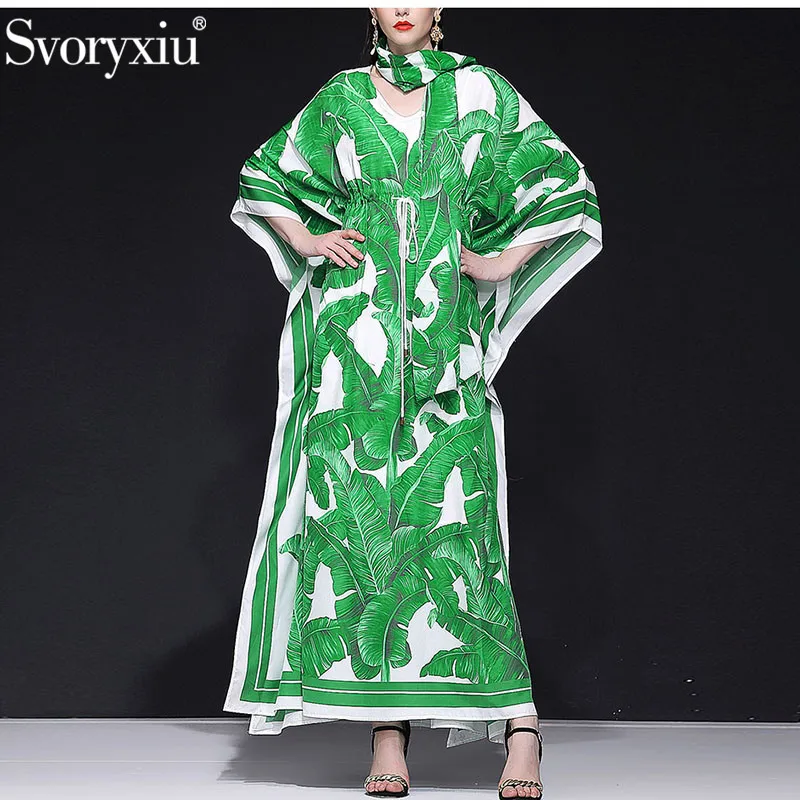 Svoryxiu vrouwen Runway Herfst Custom Plus Size Losse Maxi Jurk Batwing Mouwen V-hals Groene Banaan leaf Print Maxi lange Jurk Svoryxiu vrouwen Runway Herfst Custom Plus Size Losse Maxi Jurk Batwing Mouwen V-hals Groene Banaan leaf Print Maxi lange Jurk
