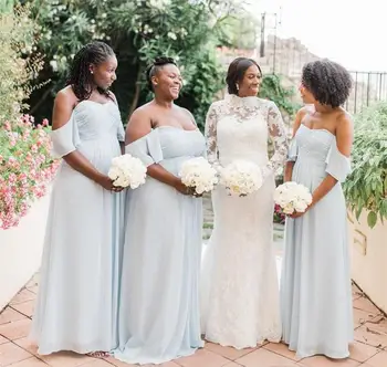 

Light Blue Chiffon A-line Bridesmaid Dresses Cheap Off Shoulder Formal Party Gown Plus Size Wedding Guest Gown Custom Made