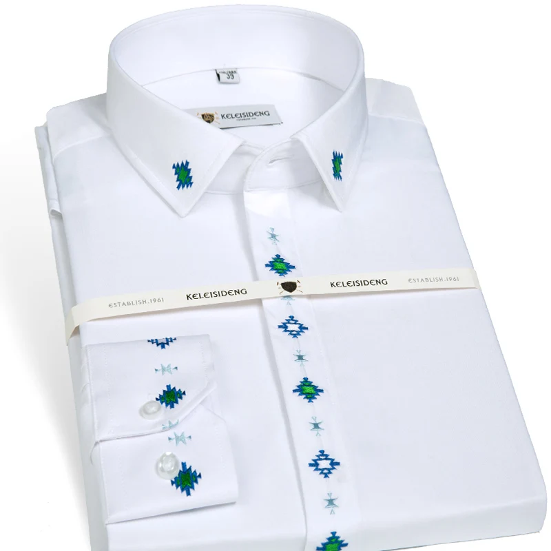 

Men's Covered Placket Floral Embroidered Dress Shirts Non Iron Slim Fit Long Sleeve Easy Care White Business Formal Tops Shirt