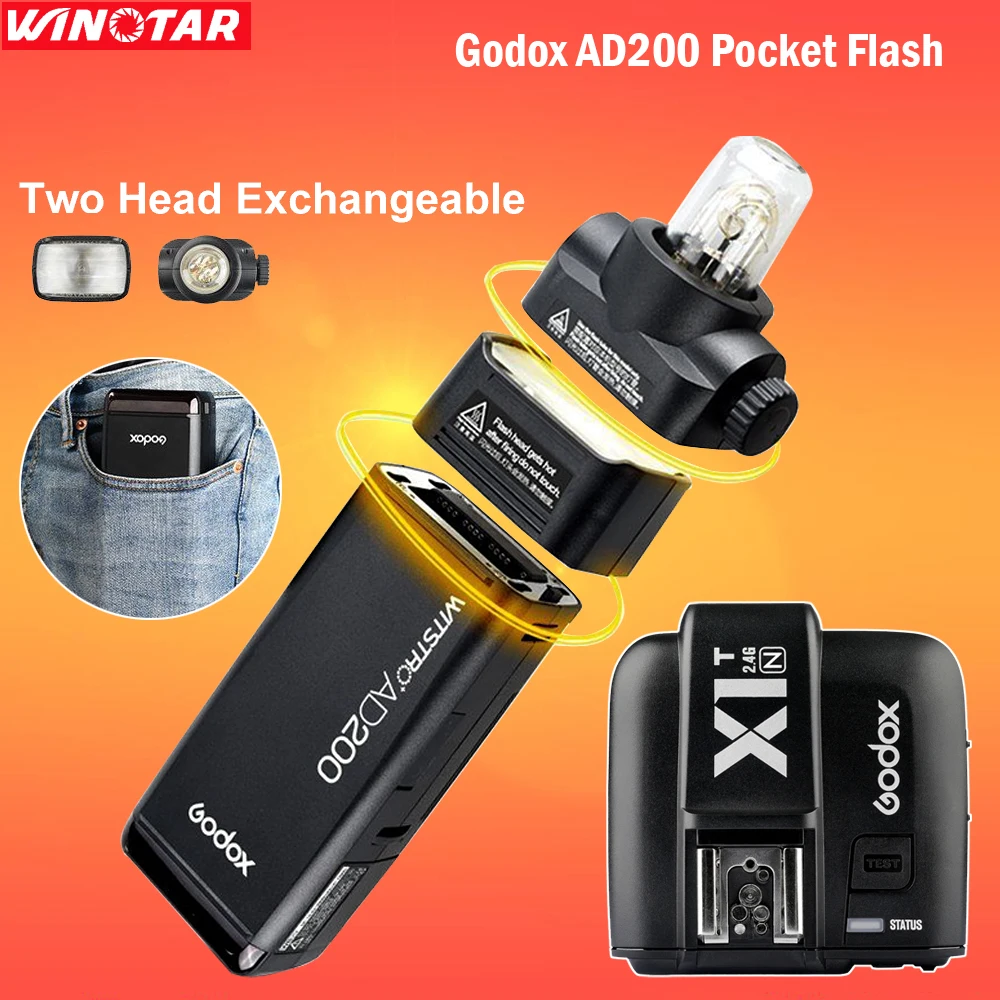 

Godox AD200 Pocket Flash Speedlite Double Light Heads 200W 2.4G TTL HSS with 2900mAh Lithium Battery + X1T-C Trigger for Nikon