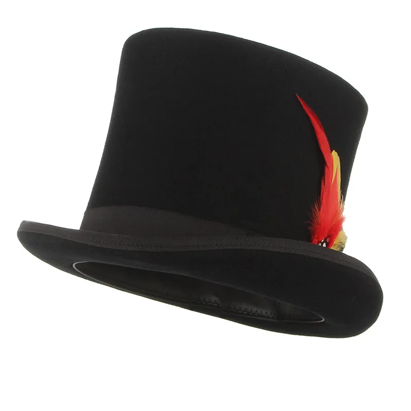 GEMVIE шерсть фетровая шляпа бобра с пером шляпа-цилиндр для женщин мужчин Mad Hatter Карнавальный Костюм Высокая Шляпа Волшебника - Цвет: Black