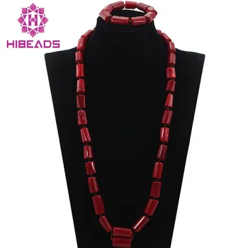 

High Quality Men Coral Beads Necklace Bracelet Set 30 inches Nigerian Wedding Groom Jewelry Set 2017 Free Shipping CNR726