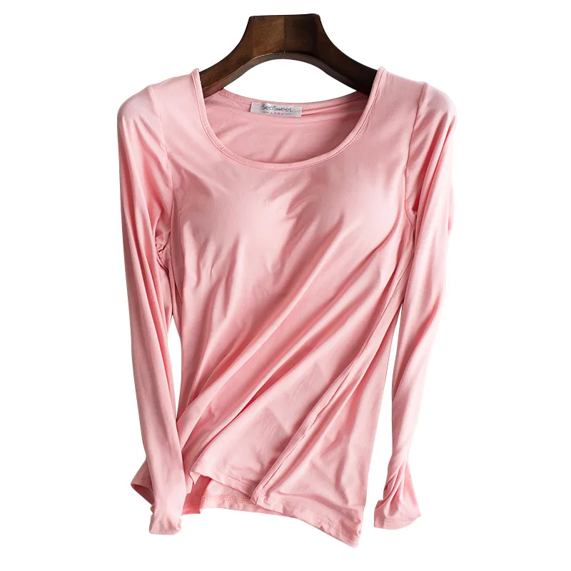 

Ladies Modal Nightshirt With Bra Autumn Casual Sleep Top Long Sleeve Nightwear Sleepshirt Basic Solid Lingerie Negligee M-XXL