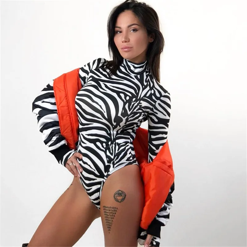 Zebra Print Turtleneck Bodysuit Bodycon Long Sleeve Bodysuit Women Black White Cotton Body Womens Skinny Autumn 2018