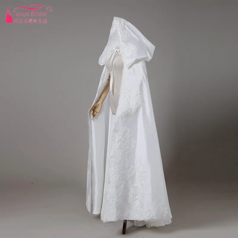 Wedding Cape Ivory Lace Applique Long Taffeta Bridal Bolero Elegant Bride Cloak With Hood DQG449