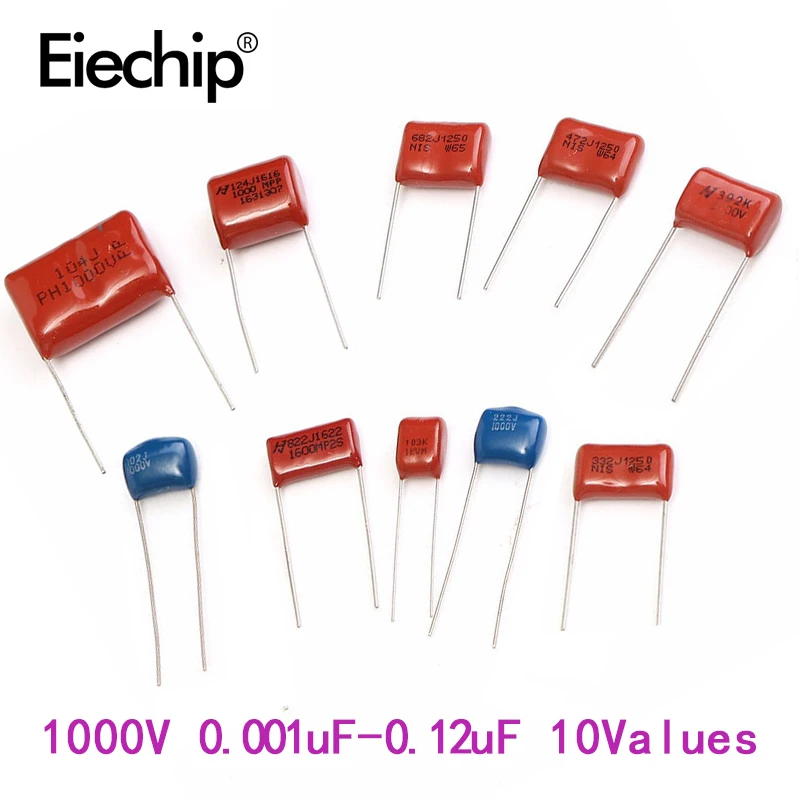 

100Pcs/lot 10 Values 1000V 0.001uf~0.12uf CBB Metal Film Capacitors Assortment Kit Fixed Capacitor Durable Quality Capacitors