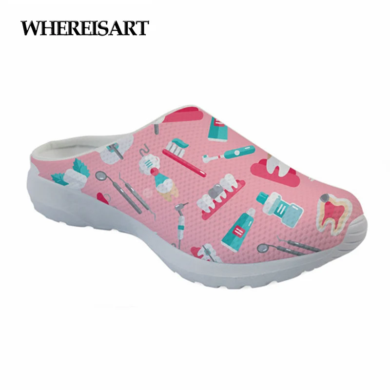 

WHEREISART Women Shoes 2019 Summer Sandals Dentista Printing Home Slippers Pink Breathable Indoor Slides Female Walking Mules