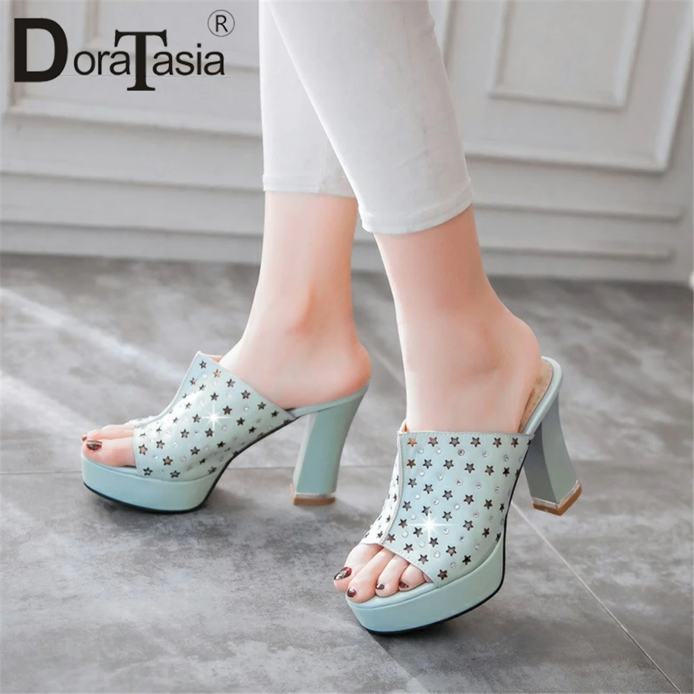

DoraTasia 2019 New Plus Size 34-43 Summer Mules Women Crystal Decoration Fretwork 10cm High Square Heels Slippers Women