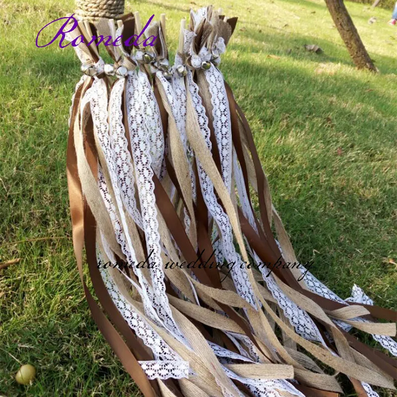 

50pcs/lot Wedding jute Ribbon Wands with Bells for wedding decoration