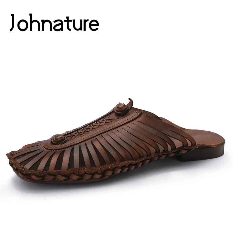 

Johnature 2019 New Spring/Summer Genuine Leather Casual Retro Solid Fringe Flat Shoes Slip-on Sandal For Women Slippers