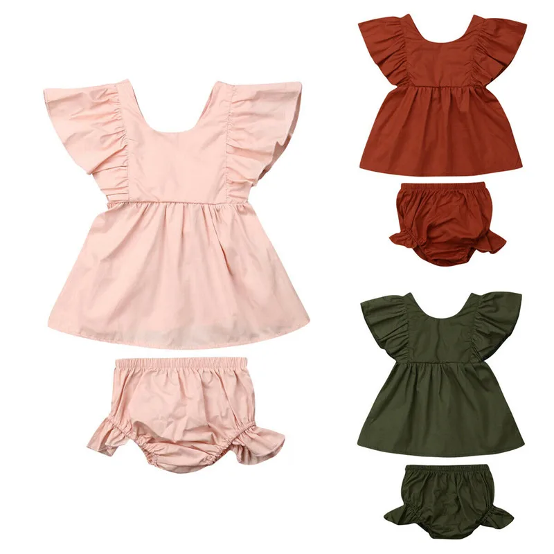 

Brief Infant Kids Baby Girl Solid Clothes Sets Summer Ruffle Flying Sleeve Tops Dress+Shorts Cotton Baby Girl Outfits 0-3Y