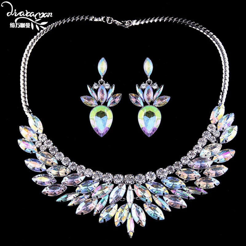 

Dvacaman Brand Shine AB Color Crystal Jewelry Sets Women Party Statement Custom Collar Accessory Wedding Necklace&Earrings LL43