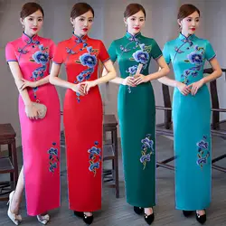 Китайские женские свадебные Вечеринка Cheongsam с национальной вышивкой длинное Ципао плюс Размеры 3XL 4XL 5XL атласные платья Vestidos