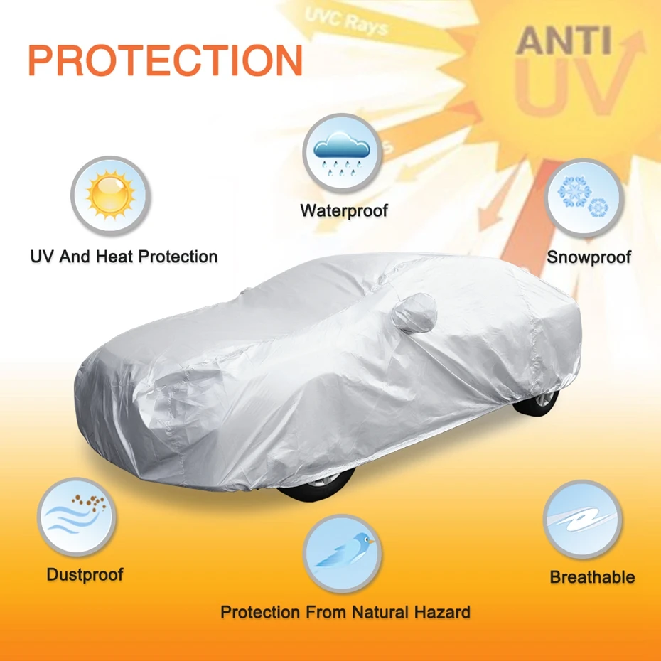 

X Autohaux Silver Tone 170T Universal Car Covers Outdoor Waterproof Scratch Rain Snow Sun Dust Resistant Protection Car Case