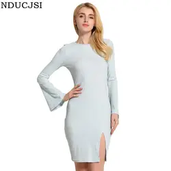 NDUCJSI Лето Bodycon платье Для женщин расклешенные рукава сбоку спереди Разделение женские платья пакет хип плотно вязать Мини сексуальное