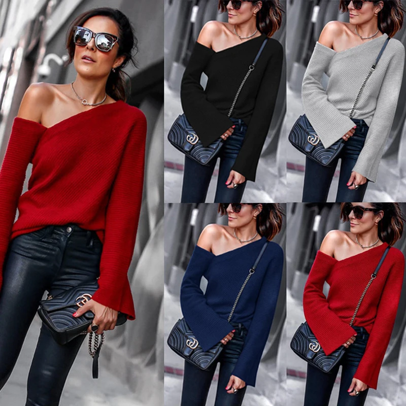 Womens Sexy Off Shoulder Sweater Ladies Winter Flare Sleeve Knitwear Solid Strapless Basic Pullover