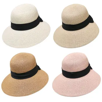 

Womens Summer Wide Brim Straw Beach Cap Black Bowknot Ribbon Foldable UV-Protection Adjustable Floppy Irregular Sun Visor Hat