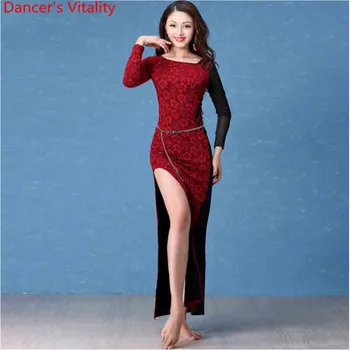 

Winter Girls Women Belly Dance Long Sleeves Dress Competition Dancewear Lady Oriental Indian Dance Splicing Sequin Clothes Outfi
