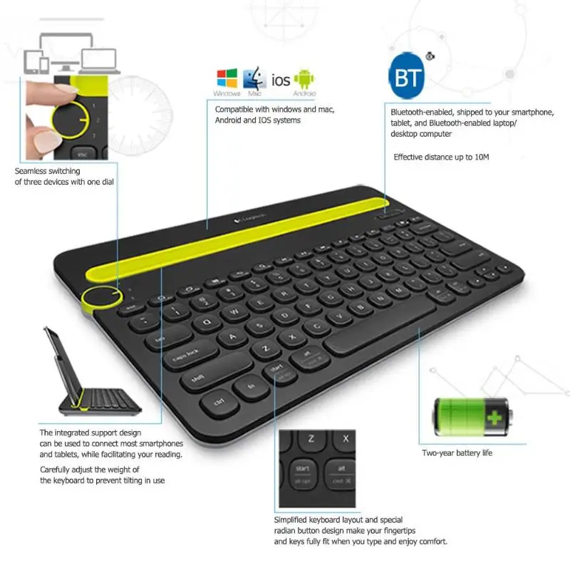 Многоуровневая bluetooth-клавиатура для мобильного телефона logitech K480, портативный держатель для телефона, мини-клавиатура для Windows MacOS, iOS, Android, накладки для телефонов