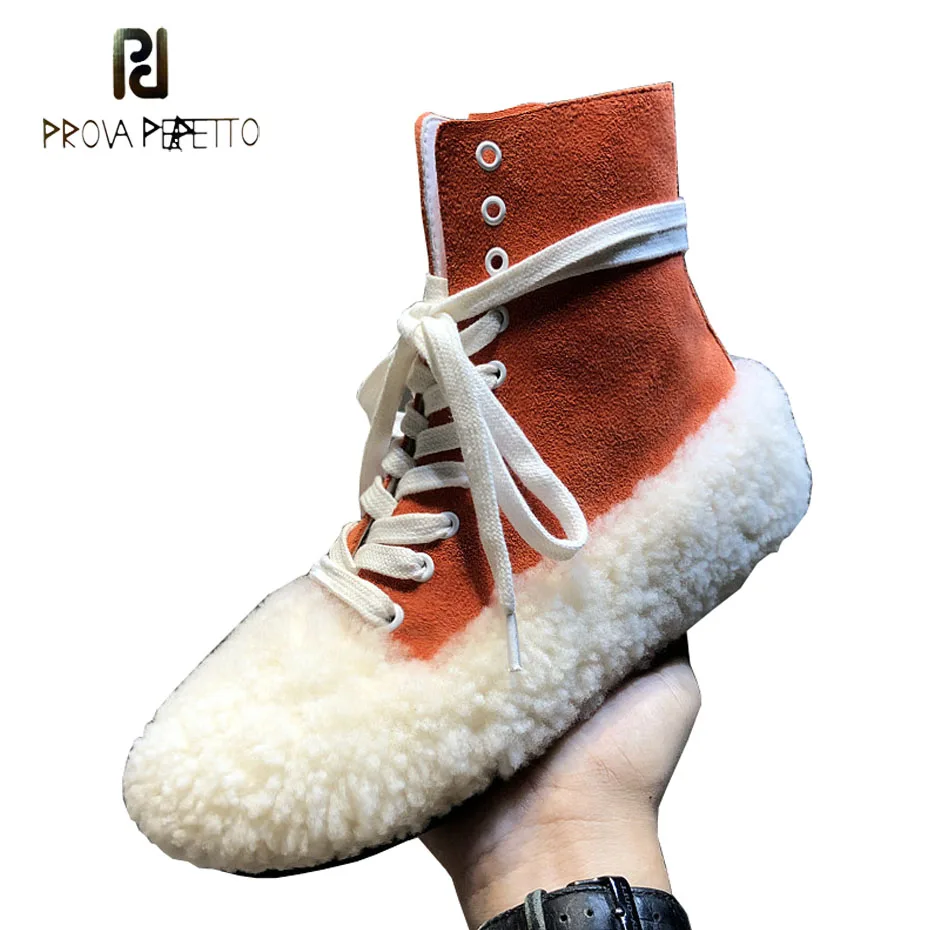 

Prova Perfetto 2018 winter new wool fur patchwork suede high top flats shoes women mixed color lace up casual short boots female