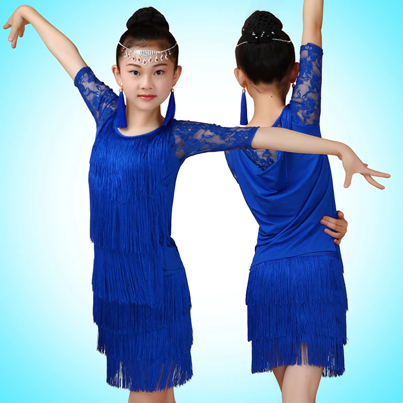 

Girls' Latin Dance Competition Costumes Children's Practice Latin Dance Skirt Girl Tassel Lantin Dance Sets With Safety Pants