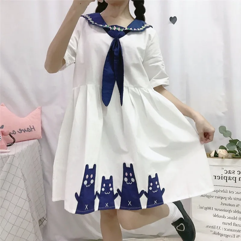 Lolita Kawaii повседневное белое платье для женщин Винтаж Прекрасный Кот Цветочный