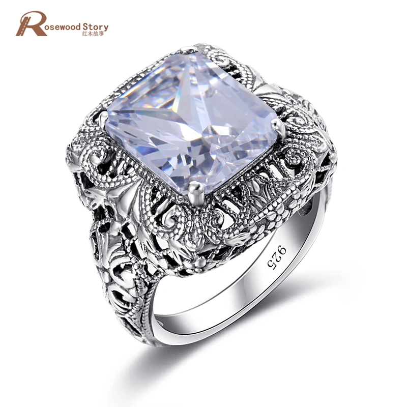 Vintage Punk Fashion Retro Antique Solid 925 Sterling Silver Ring White Cubic Zirconia ...