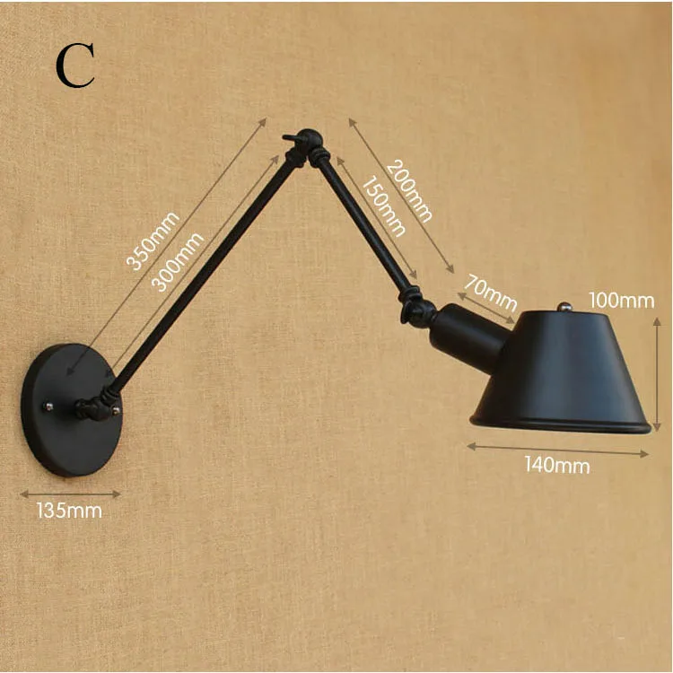 Промышленные Ретро Настенные светильники с длинными ручками, винтажный бра, настенный светильник с железом для спальни, кабинета, домашнего декора, черный, переменный ток 110 В 220 В - Цвет абажура: C