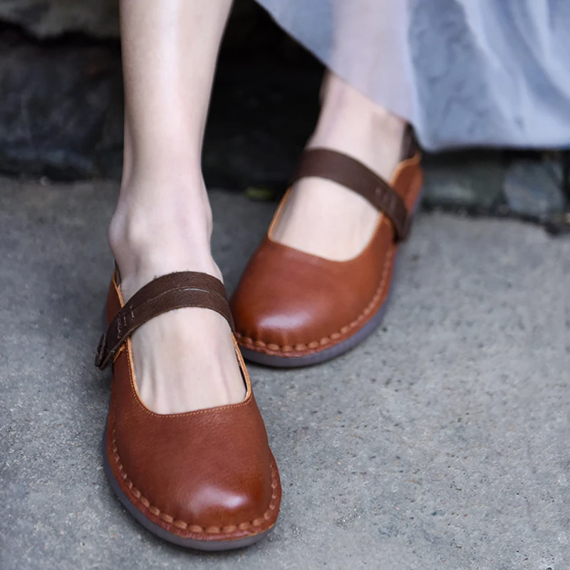 

Artmu Original Women Shoes New Spring Button Flat Sole Genuine Leather Handmade Soft Comfortable Round Toe Retro Flats 1903