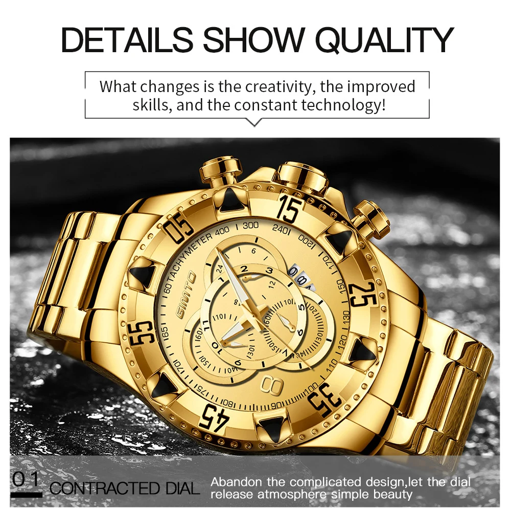 GIMTO, роскошные брендовые золотые мужские часы, золотые, нержавеющая сталь, водонепроницаемые, большой циферблат, мужские наручные часы, Япония, кварцевые, деловые часы, подарок
