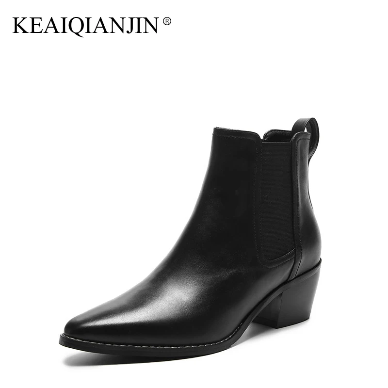 

KEAIQIANJIN Woman Genuine Leather Martin Boots Black Autumn Winter Pointed Toe Ankle Boots Fashion Punk Motorcycle Boots 2017