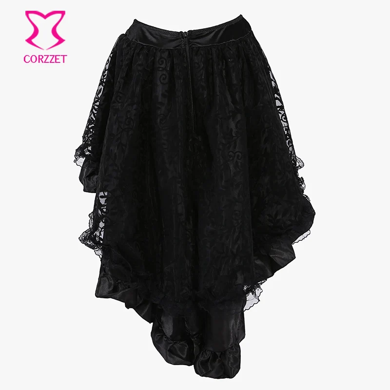 Стимпанк готический черный цветочный Флокирование тюль и гофрированная викторианская юбка для женщин спереди короткая сзади Длинные асимметричные юбки для женщин s