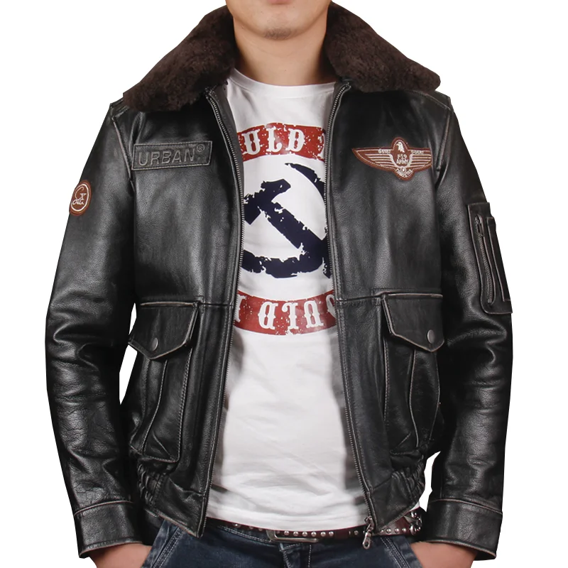 

HARLEY DAMSON Vintage Black Men Pilot Leather Jacket Wool Collar Plus Size XXXL Genuine Thick Cowhide Flight Leather Coat