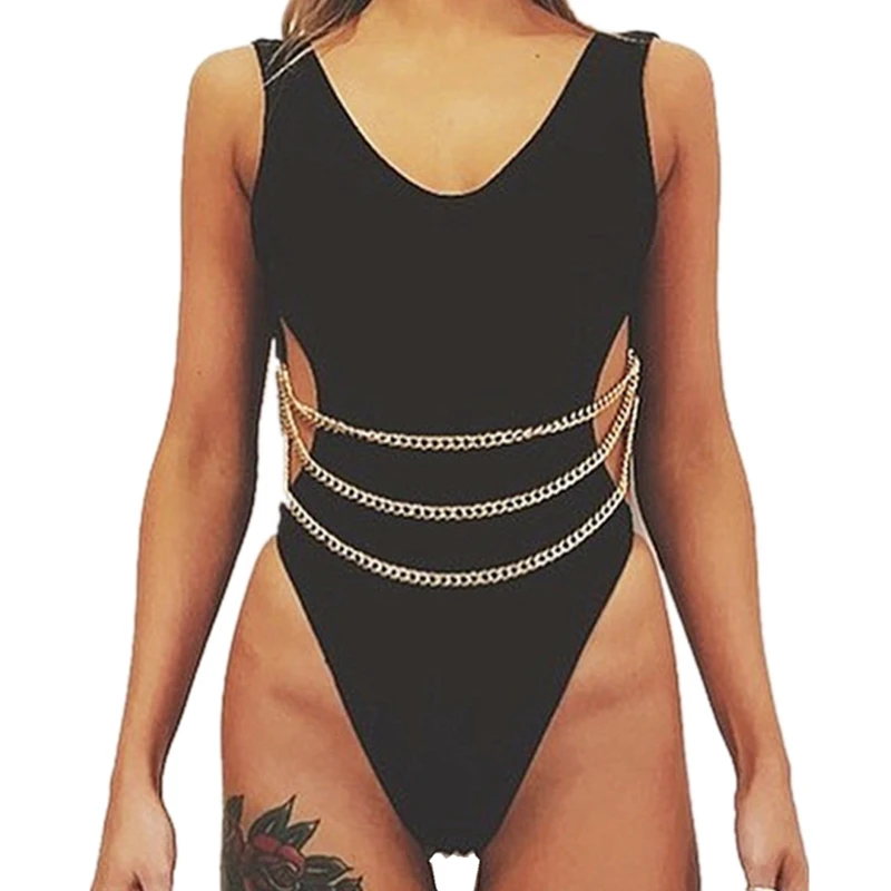 

Solid Color High Leg Scoop Neck Edgy One Piece Swimsuit With Chains Women Push Up Bathing Suit Swimwear Black Hole Monokini