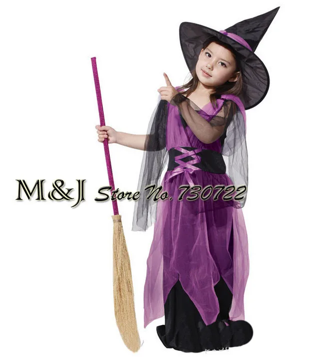 Специальное предложение фиолетовый марли маленькая ведьма костюмы на хеллоуин для девочек ведьма платье милые прихоть фестиваль детская одежда