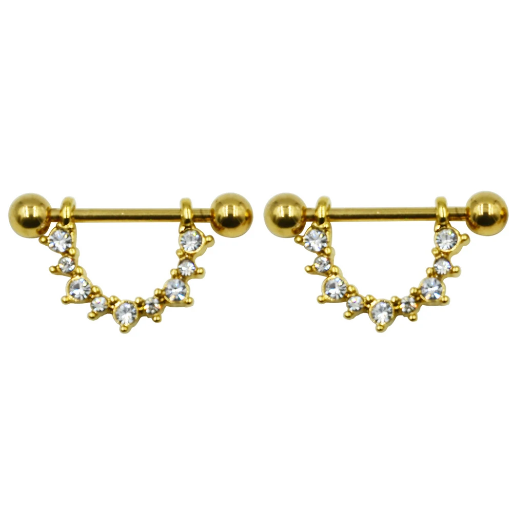 PAIR Gold Nipple Ring Half Circle Drop Heart Surgical Steel Nipple