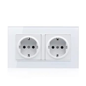 

Wall Crystal Glass Panel Power Germany Socket Grounded 16a Eu Standard Electrical Black Double Outlet 146mm * 86mm