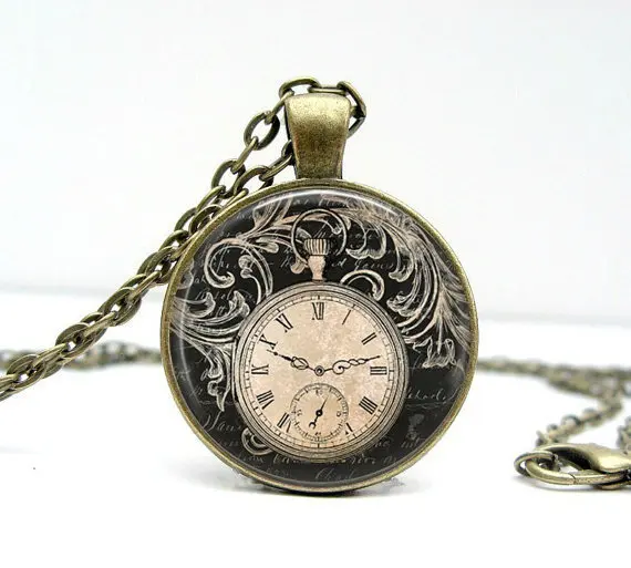Free shipping Vintage Clock Necklace Round clock pocket watch pendant