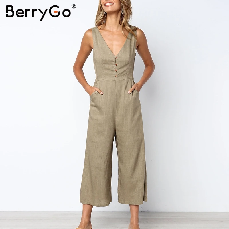 

BerryGo linen jumpsuit women rompers jumpsuit Solid v neck buttons plus size overalls Straight female holiday jumpsuits 2019