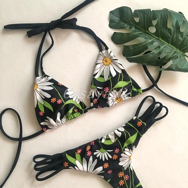 Hot Floral Print Bikini 2017 Women Swimsuit Push Up Padded Set Swimwear Halter Bandage bathing suit maillot de bain femme |