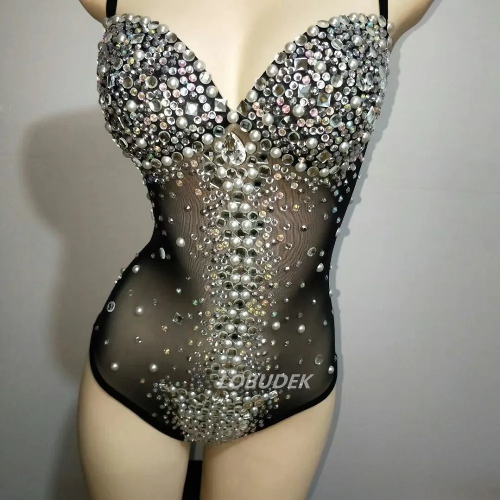 Cosplay&ware Sparkly Rhinestones Sexy Perspective Bodysuit Black Skin Color Mesh Backless Jumpsuits Bar Dj Singer Costume Zentai Dance Wear -Zentai shop online